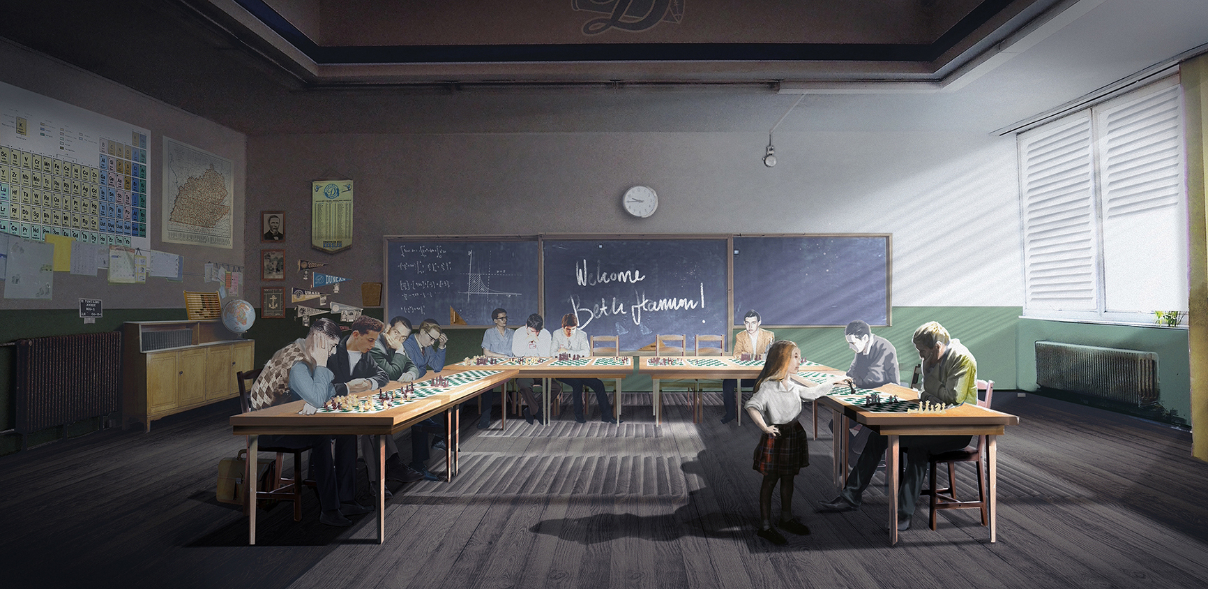 The Queen's Gambit interior concept artwork showing the first chess competition Beth attends at Duncan High School